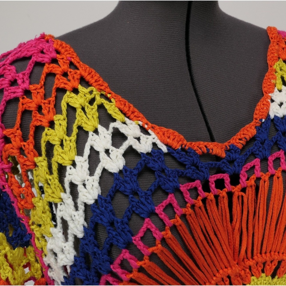 Crochet Tunic Mandala Sunburst Boho Festival Rainbow Knit Artisanal Beach Kaftan - Picture 8 of 9